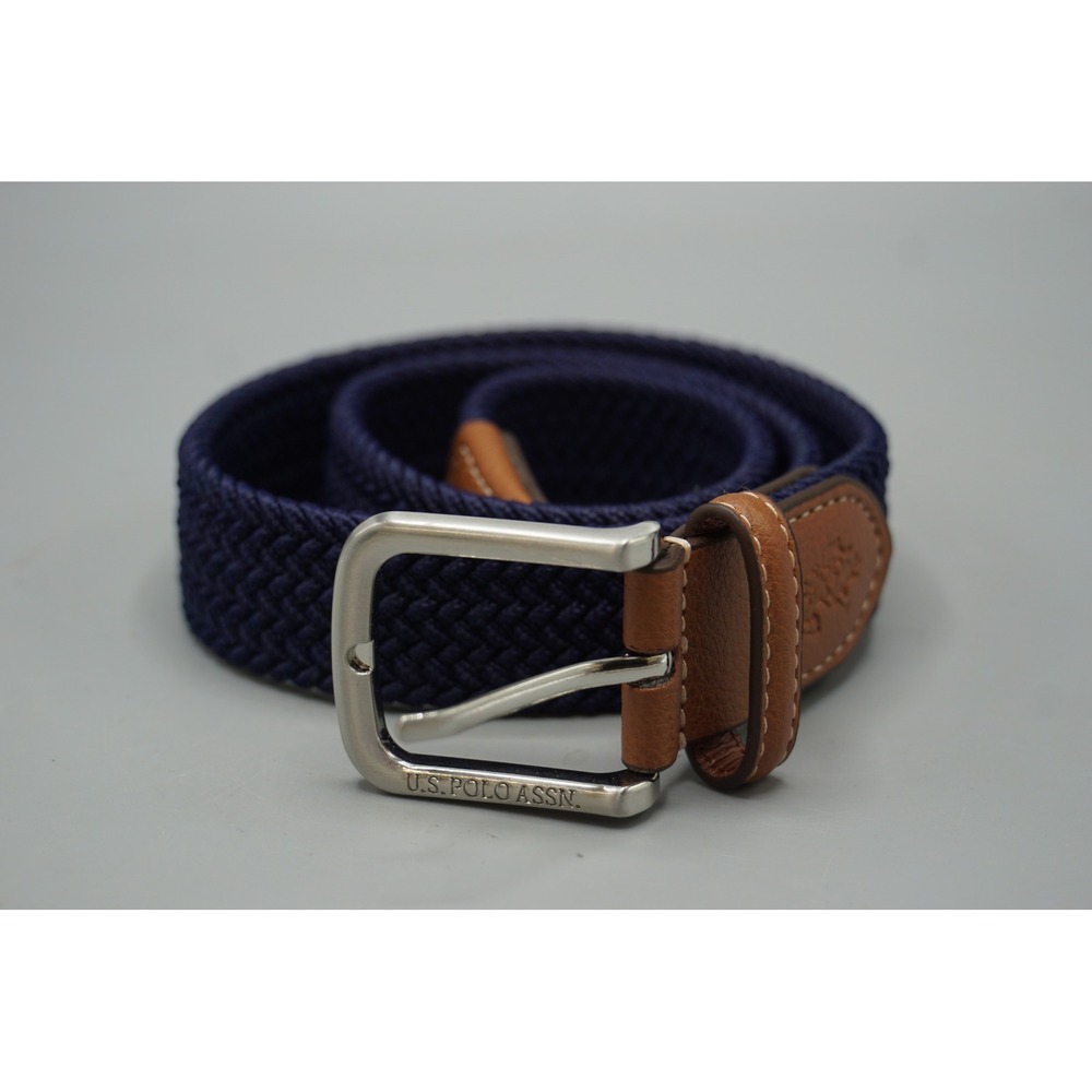 US Polo Assn Boys Navy Blue Braided Stretch Belt Brown Trim Silver Buckle 30in